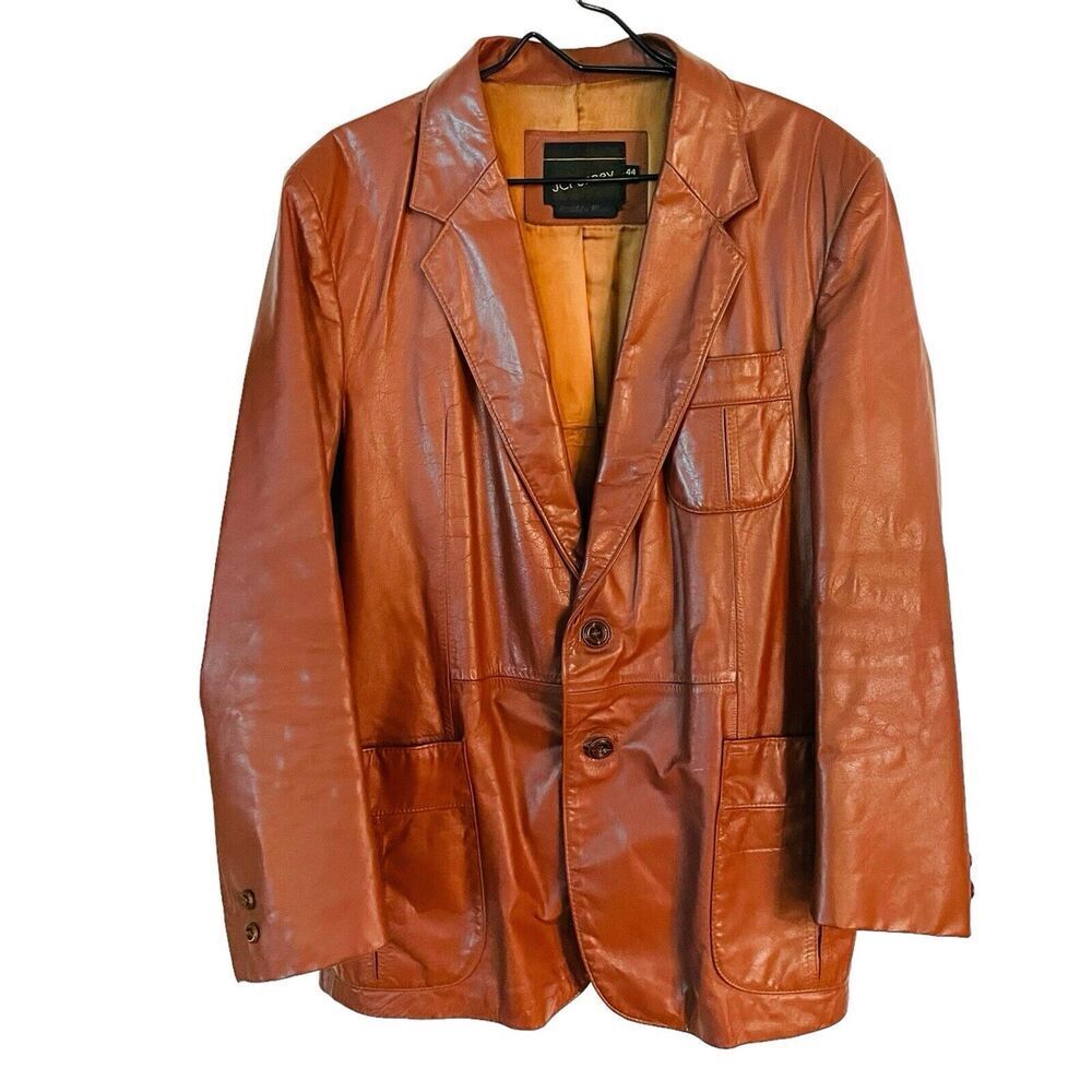Vintage JC Penney Leather Jacket Mens 44 Honey Brown Coat 70s 2 Button Vented